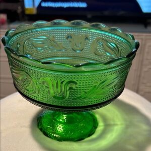 Green Pressed Glass Vintage Pedestal Bowl - Decorative Floral Motif